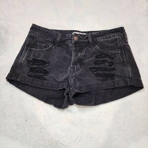 Hollister Juniors 7 Denim Shorts High-Rise Shorts Black Ripped